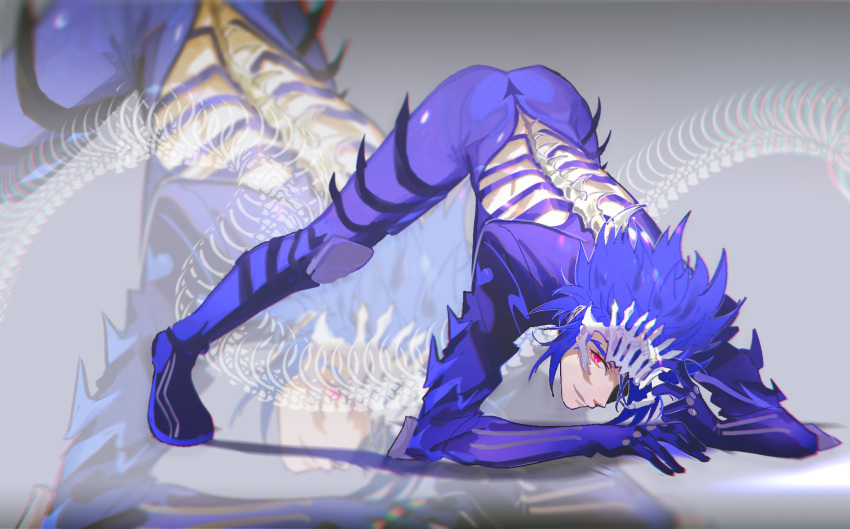 1boy adam_(sk8) arm_support arrow_(symbol) ass bangs blue_gloves blue_hair bodysuit bone clothing_cutout elbow_pads full_body gloves hands_on_ground headgear highres huolou jack-o'_challenge knee_pads looking_at_viewer male_focus one_eye_covered red_eyes shadow sk8_the_infinity smile solo spiked_hair spine spread_legs top-down_bottom-up zoom_layer