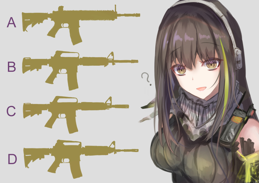 1girl ? absurdres bandana bangs bare_shoulders brown_eyes brown_hair girls'_frontline green_hair gun headset highres long_hair m4a1_(girls'_frontline) martinreaction multicolored_hair open_mouth quiz ribbed_sweater rifle sleeveless sleeveless_sweater solo streaked_hair sweater two-tone_hair weapon