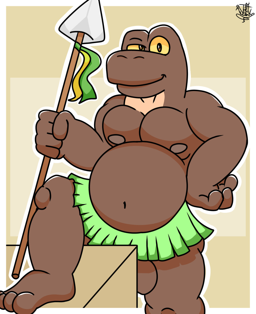 2022 absurd_res anthro belly big_belly brown_body brown_eyes brown_scales clothed clothing dinosaur full_frontal_frog grass_skirt hand_on_hip hi_res joltartworks lono'e male melee_weapon moobs nipples oh_so_hero! one_foot_raised polearm pose reptile scales scalie solo spear topless topless_male tribal weapon yellow_sclera
