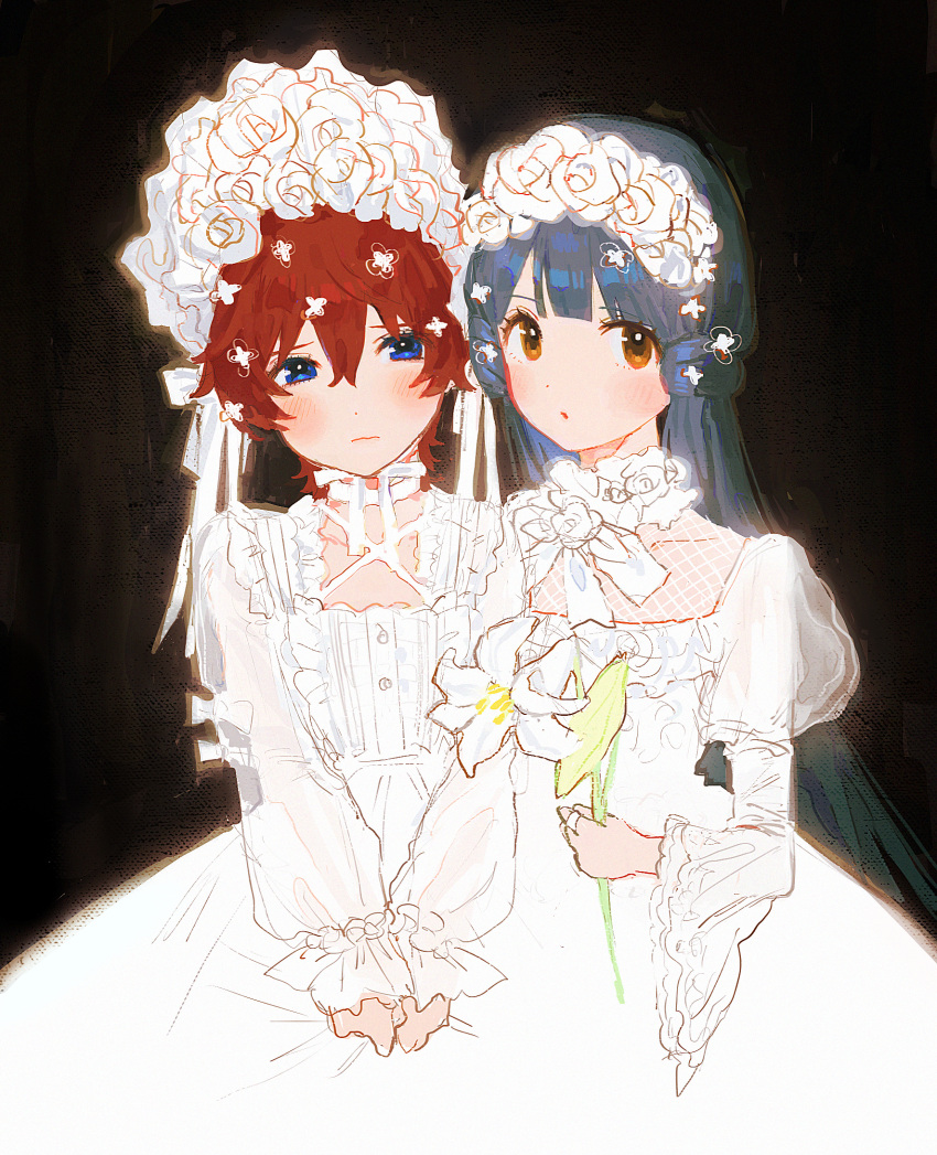 2girls :o black_background blue_eyes blue_hair blush bonnet brown_eyes clutching_clothes fishnets flower highres holding holding_flower idolmaster idolmaster_million_live! julia_(idolmaster) juliet_sleeves kitakami_reika lily_(flower) long_hair long_sleeves low_twintails multiple_girls puffy_sleeves red_hair rose short_hair simple_background twintails white_flower white_rose yatatashira