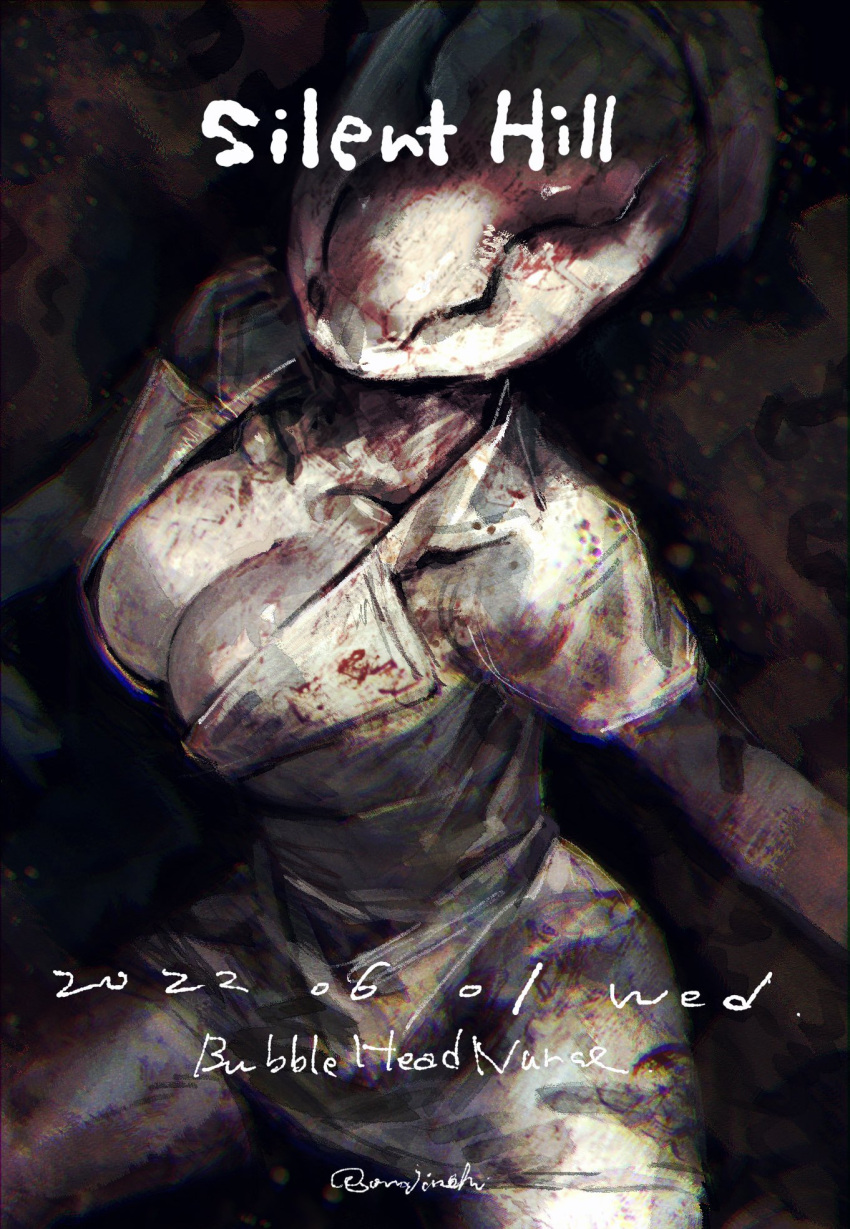 1girl abstract_background blood blood_on_breasts blood_on_clothes blood_on_face breasts character_name chromatic_aberration collarbone copyright_name dated hat highres momo_jiru nurse nurse_(silent_hill) nurse_cap silent_hill_(series) solo twitter_username