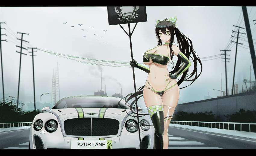 1girl absurdres alternate_costume alternate_hairstyle azur_lane bentley bentley_continental_gt bikini bird black_hair bow breasts car chimney cleavage copyright_name cowboy_shot elbow_gloves gloves green_eyes green_nails ground_vehicle hair_bow hair_ribbon highres indomitable_(azur_lane) kcar66t large_breasts license_plate long_hair motor_vehicle ponytail product_placement race_queen ribbon road royal_navy_(emblem) see-through sign swimsuit thighhighs underboob very_long_hair