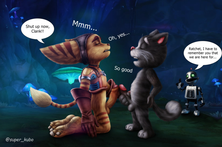 anthro anthro_on_anthro artist_name biped clank_(ratchet_and_clank) commission_open detailed_background dialogue digital_media_(artwork) domestic_cat drawing duo_focus english_text eyes_closed feet felid feline felis foreskin frottage genitals group hi_res hindpaw humanoid kneeling lombax machine male male/male mammal mostly_nude nude partially_retracted_foreskin paws penis ratchet ratchet_and_clank robot sex signature sony_corporation sony_interactive_entertainment speech_bubble standing super_kubo talking_tom text trio video_games