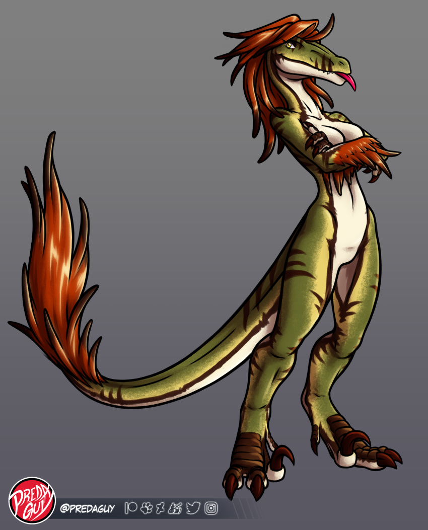 2022 3_toes absurd_res alternate_version_at_source anthro arm_tuft artist_logo big_tail biped blep breasts brown_body brown_markings brown_scales cel_shading claws countershade_breasts countershade_face countershade_feet countershade_hands countershade_legs countershade_neck countershade_scales countershade_tail countershade_torso countershading crossed_arms dewclaw digital_drawing_(artwork) digital_media_(artwork) dinosaur dromaeosaurid eyelashes feather_hair feathers featureless_breasts featureless_crotch feet female finger_claws front_view green_body green_scales grey_background hi_res logo long_neck long_tail looking_at_viewer markings medium_breasts melody_(user_55) multicolored_body multicolored_scales non-mammal_breasts nude orange_body orange_feather_hair orange_feathers predaguy pseudo_hair red_claws red_tongue reptile scale_markings scales scalie shaded sharp_teeth simple_background small_waist smile smiling_at_viewer solo tail_tuft teeth theropod thick_tail three-quarter_view toe_claws toes tongue tongue_out tuft velociraptor white_body white_countershading white_scales yellow_eyes