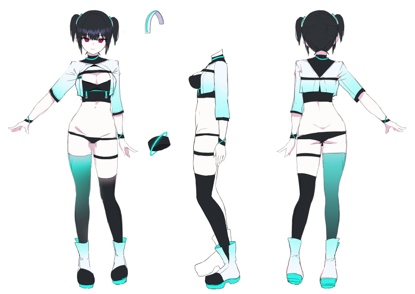 1girl absurdres asymmetrical_legwear back black_hair black_legwear bracelet character_sheet closed_mouth gradient gradient_clothes gradient_legwear highres jewelry mismatched_legwear multiple_views navel original pomesaurus red_eyes simple_background sketch smile standing thigh_strap turtleneck twintails white_background