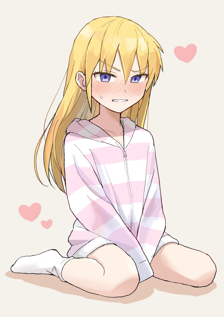 1girl blonde_hair blue_eyes blush heart highres hood hoodie kill_me_baby long_hair long_sleeves looking_at_viewer ookiiayu parted_lips pink_hoodie sitting sleeves_past_wrists socks solo sonya_(kill_me_baby) wariza white_legwear zipper zipper_pull_tab