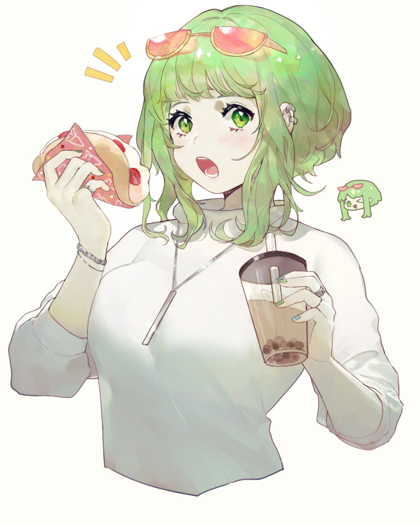 1girl absurdres blue_nails bracelet breast_press breasts bubble_tea chibi chibi_inset crepe cropped_torso cup disposable_cup drink drinking_straw earclip eating eyewear_on_head food food_wrapper green_eyes green_hair green_nails gumi haiyahaiyohai hands_up highres holding holding_cup holding_drink holding_food jewelry large_breasts long_sleeves looking_at_viewer multicolored_nails necklace open_mouth pendant red-tinted_eyewear ring shirt short_hair short_hair_with_long_locks sidelocks simple_background tinted_eyewear tongue vocaloid white_background white_shirt