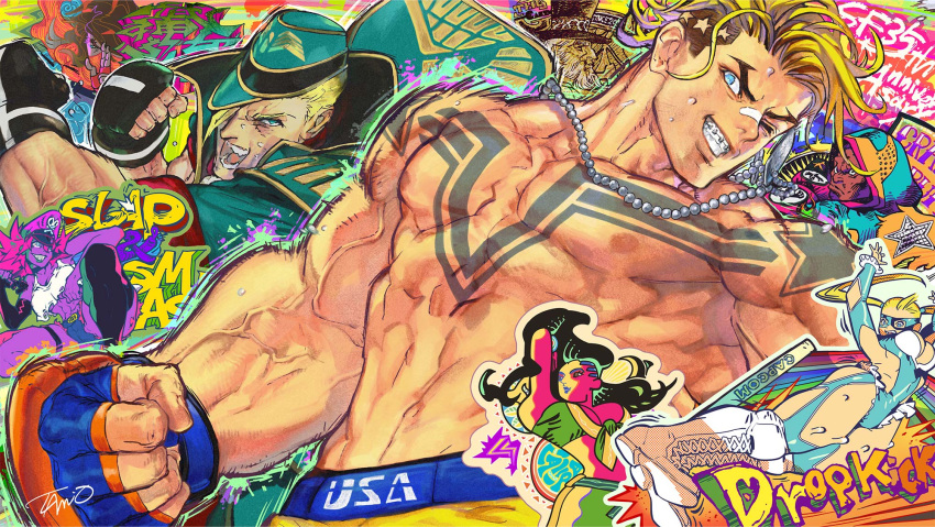 3girls 5boys abs anniversary arms_up balrog_(street_fighter) blonde_hair blue_eyes boxing_gloves braces breasts chest_tattoo cleavage crop_top dog_tags drop_kick ed_(street_fighter) fingerless_gloves front-tie_top g_(street_fighter) gloves graffiti hat highres kuji-in large_breasts laura_matsuda luke_sullivan mask mouth_mask multiple_boys multiple_girls muscular muscular_female muscular_male official_art pink_hair poison_(final_fight) rainbow_mika short_shorts shorts smile street_fighter street_fighter_v sweat tamio tattoo top_hat topless_male twintails veins veiny_arms wrestling_outfit zeku