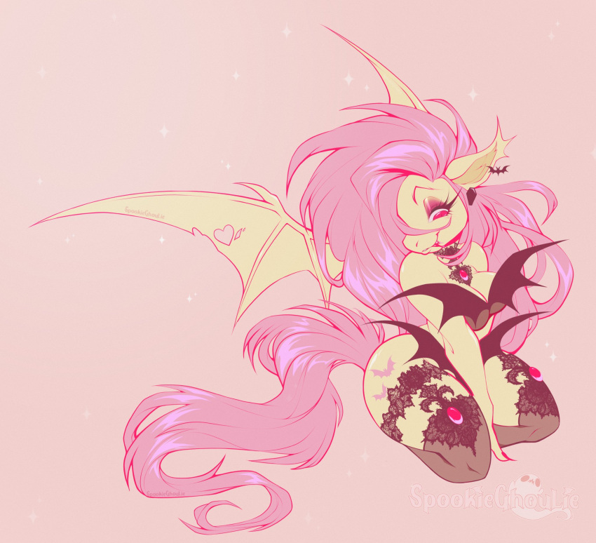 &lt;3 anthro artist_name bat_pony bat_wings blood bodily_fluids breasts chiropteran cleavage clothed clothing colored_nails digital_media_(artwork) ear_piercing equid equine eyelashes eyeshadow fangs female flutterbat_(mlp) fluttershy_(mlp) friendship_is_magic fur hair half-closed_eyes hasbro heart_(marking) hi_res hybrid jewelry legwear lingerie long_hair makeup mammal membrane_(anatomy) membranous_wings my_little_pony nails narrowed_eyes necklace piercing pink_hair red_eyes simple_background sitting smile solo spookieghoulie stockings underwear watermark wings