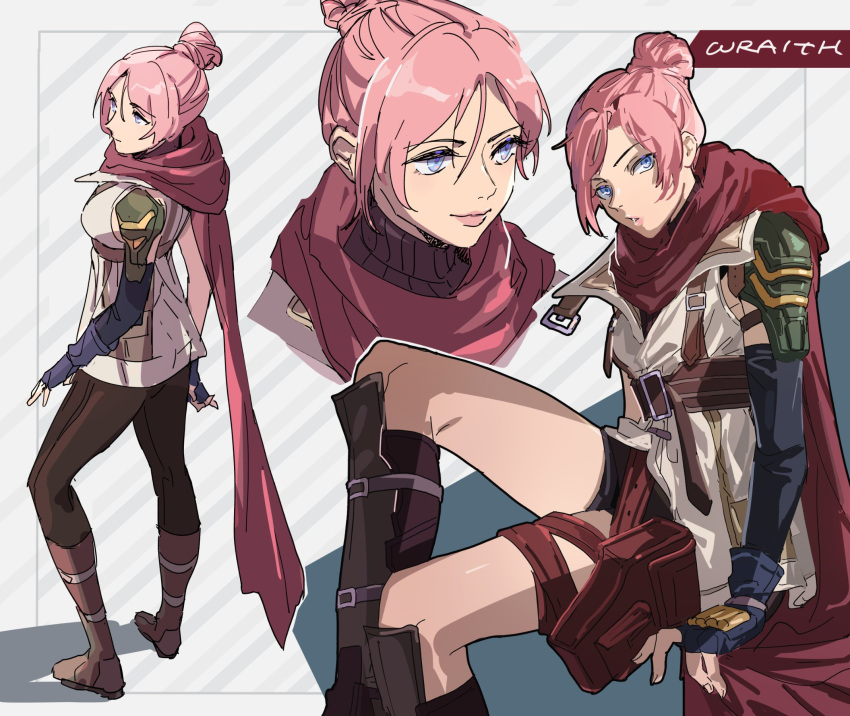 1girl apex_legends black_gloves black_legwear black_shorts blue_eyes breasts cosplay elbow_gloves final_fantasy final_fantasy_xiii fingerless_gloves gloves hair_behind_ear hair_between_eyes hair_bun head_tilt highres jacket lightning_farron lightning_farron_(cosplay) looking_at_viewer medium_breasts multiple_views pantyhose parted_lips red_scarf scarf shorts single_elbow_glove sitting sleeveless sleeveless_jacket smile thigh_strap thundergotch white_jacket wraith_(apex_legends)