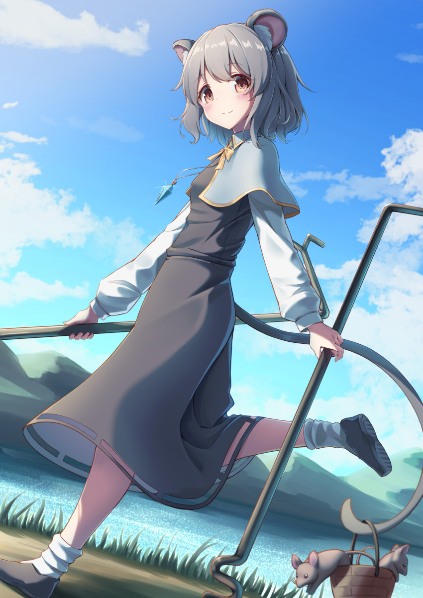 1girl absurdres animal animal_ears basket black_dress black_footwear blue_capelet blush brown_eyes capelet closed_mouth dowsing_rod dress grey_hair highres holding jewelry long_sleeves messiah_&amp;_crea mouse mouse_ears mouse_tail nazrin pendant shoes short_hair smile solo tail touhou white_legwear