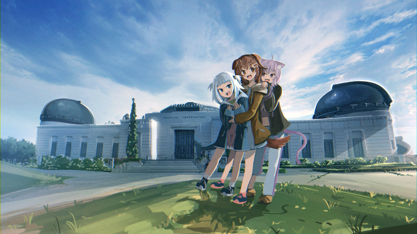 3girls :d absurdres ahoge animal_ear_fluff animal_ears anonamos bangs black_hoodie blue_eyes blue_hair blue_hoodie blunt_bangs bone_hair_ornament brown_hair building cat_girl cat_tail cloud cloudy_sky cropped_hoodie dog_ears dog_girl dog_tail fish_tail full_body gawr_gura grass hair_ornament hands_on_another's_shoulders highres hololive hololive_english hood hood_down hoodie hug hug_from_behind inugami_korone jacket long_hair looking_at_another looking_at_viewer multicolored_hair multiple_girls nekomata_okayu observatory open_clothes open_jacket outdoors pants purple_eyes purple_hair san_francisco shark_tail sky sleeves_past_wrists smile socks standing streaked_hair tail virtual_youtuber white_legwear white_pants yellow_footwear yellow_jacket