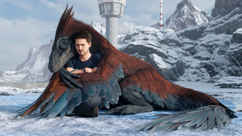 16:9 2022 3d_(artwork) 4k absurd_res ambiguous_gender black_body black_claws black_scales blue_body blue_feathers chris_pratt claws closed_mouth clothed clothing cold crossed_arms crossed_legs detailed_background digital_media_(artwork) dinosaur dromaeosaurid duo embrace eyes_closed facial_hair feathered_dinosaur feathers feral freezing frown fur hair hi_res hug hugging_from_behind human ice ivorylagiacrus jurassic_park jurassic_world jurassic_world:_dominion looking_away male mammal mountain multicolored_body multicolored_feathers on_ground outside owen_grady pyroraptor red_body red_feathers reptile scales scalie sharp_claws sitting snow theropod toe_claws universal_studios widescreen winter