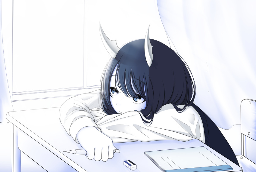 1girl absurdres aoki_ruri bangs chair clenched_hand curtains desk dragon_girl dragon_horns eraser highres horns long_sleeves looking_away mechanical_pencil monochrome mordre notebook parted_bangs pencil ruri_dragon school_desk school_uniform shirt solo swept_bangs vest window