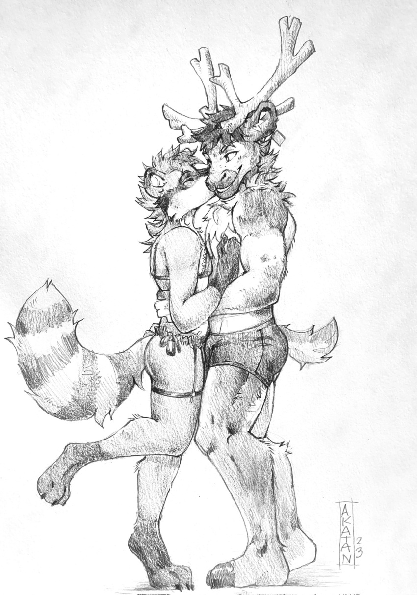 2023 akatan_art anthro anthro_on_anthro antlers cheek_tuft chest_tuft clothed clothing crossdressing dated duo eyes_closed facial_tuft hair hi_res horn kissing lingerie male male/male mammal markings monochrome procyonid raccoon raised_leg short_hair signature species_request standing striped_markings striped_tail stripes tail tail_markings topless traditional_media_(artwork) tuft