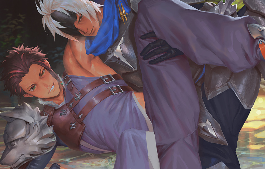 2boys alphen_(tales) armor bangs blue_eyes blue_scarf brown_hair couple dark-skinned_male dark_skin erection green_eyes law_(tales) male_focus mask multiple_boys penguin_frontier scarf sexually_suggestive shoulder_armor smile tales_of_(series) tales_of_arise white_hair yaoi