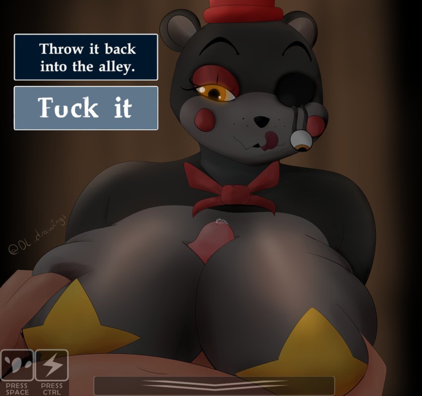 accessory animatronic anthro big_breasts bodily_fluids bow_tie breast_grab breast_play breast_squeeze breast_squish breasts cable clothing crossgender desesperadoleon duo eyebrows eyelashes female five_nights_at_freddy's freddy_fazbear's_pizzeria_simulator genital_fluids genitals glowing glowing_eyes grey_body grey_skin hand_on_breast hat headgear headwear hi_res lefty_(fnaf) machine male male/female mammal penis precum robot scottgames sex squish star titfuck tongue tongue_out ursid ursine video_games