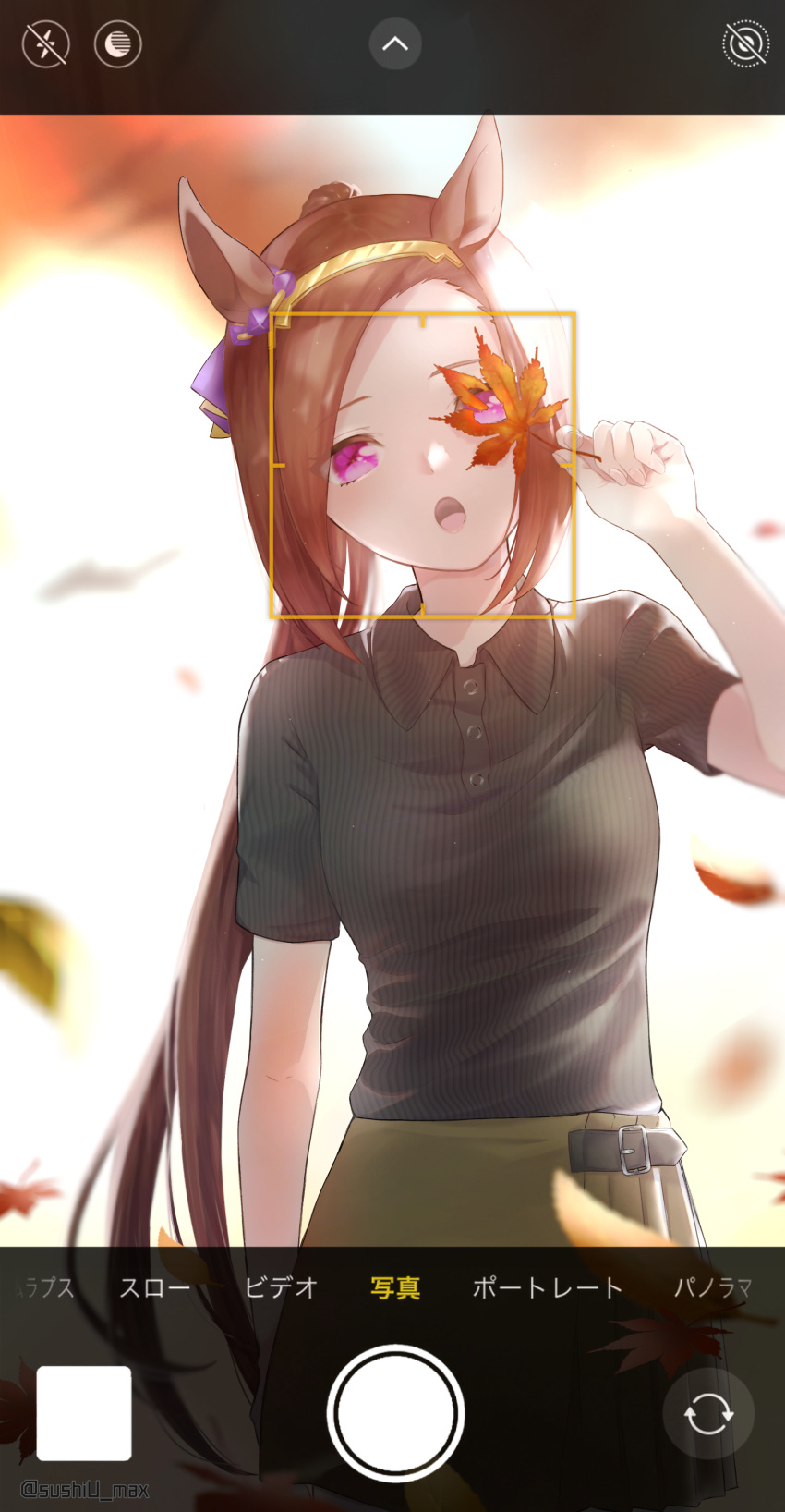 1girl :o absurdres alternate_costume animal_ears backlighting black_shirt brown_hair casual collared_shirt commentary_request cowboy_shot ear_ornament falling_leaves flower_in_eye gold_hairband hairband head_tilt highres holding holding_leaf horse_ears horse_girl horse_tail kadokura_(sushiu_max) leaf long_hair looking_at_viewer phone_screen pink_eyes ponytail ribbed_shirt sakura_bakushin_o_(umamusume) shirt short_sleeves skirt solo standing straight-on symbol_in_eye tail translation_request twitter_username umamusume very_long_hair viewfinder wrinkled_fabric