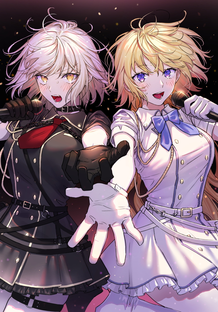 2girls absurdres bangs blonde_hair blue_eyes blush breasts fate/apocrypha fate/grand_order fate_(series) gloves grey_hair highres holding holding_microphone jeanne_d'arc_(fate) jeanne_d'arc_(ruler)_(fate) jeanne_d'arc_alter_(avenger)_(fate) jeanne_d'arc_alter_(fate) large_breasts long_hair long_sleeves looking_at_viewer microphone multiple_girls music nipi27 open_mouth short_hair singing smile sweat very_long_hair yellow_eyes