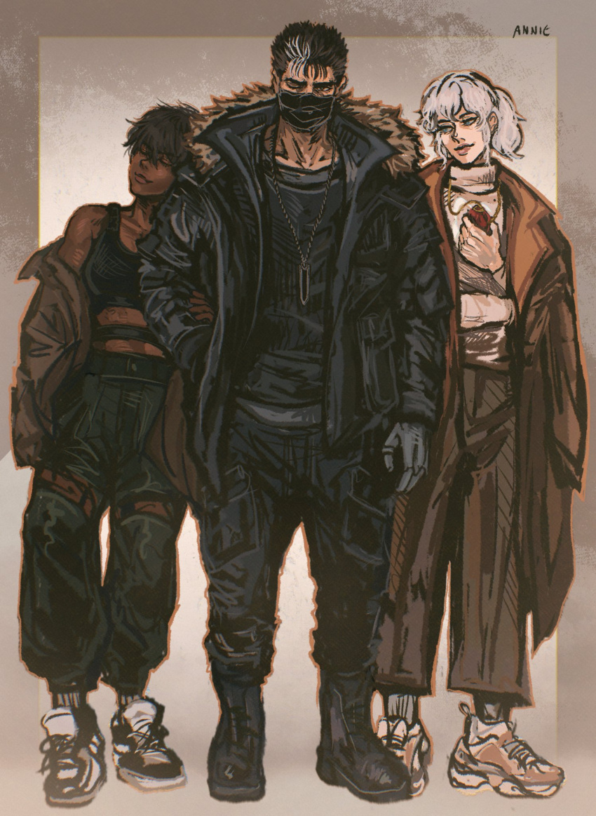 anniechromes berserk black_hair black_pants black_shirt boots brown_pants casca_(berserk) closed_eyes coat crop_top gloves griffith_(berserk) guts_(berserk) hands_in_pockets head_rest highres jacket jacket_partially_removed jewelry looking_at_another looking_at_viewer mask mouth_mask multicolored_hair necklace one_eye_closed pants ponytail shirt shoes short_hair smile sneakers socks turtleneck white_hair