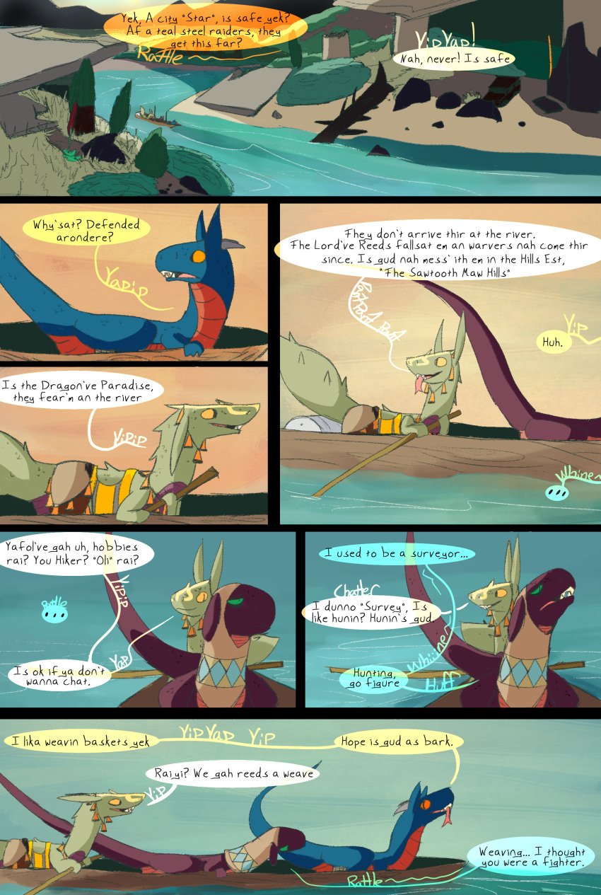absurd_res boat boating comic desert dinosaur dragon dragonscape drekir dromaeosaurid female feral forl_(thepatchedragon) group hi_res male oli_(thepatchedragon) post-apocalyptic ralan_(thepatchedragon) reptile river ruins scalie text thepatchedragon theropod tribal tribal_clothing trio vehicle watercraft