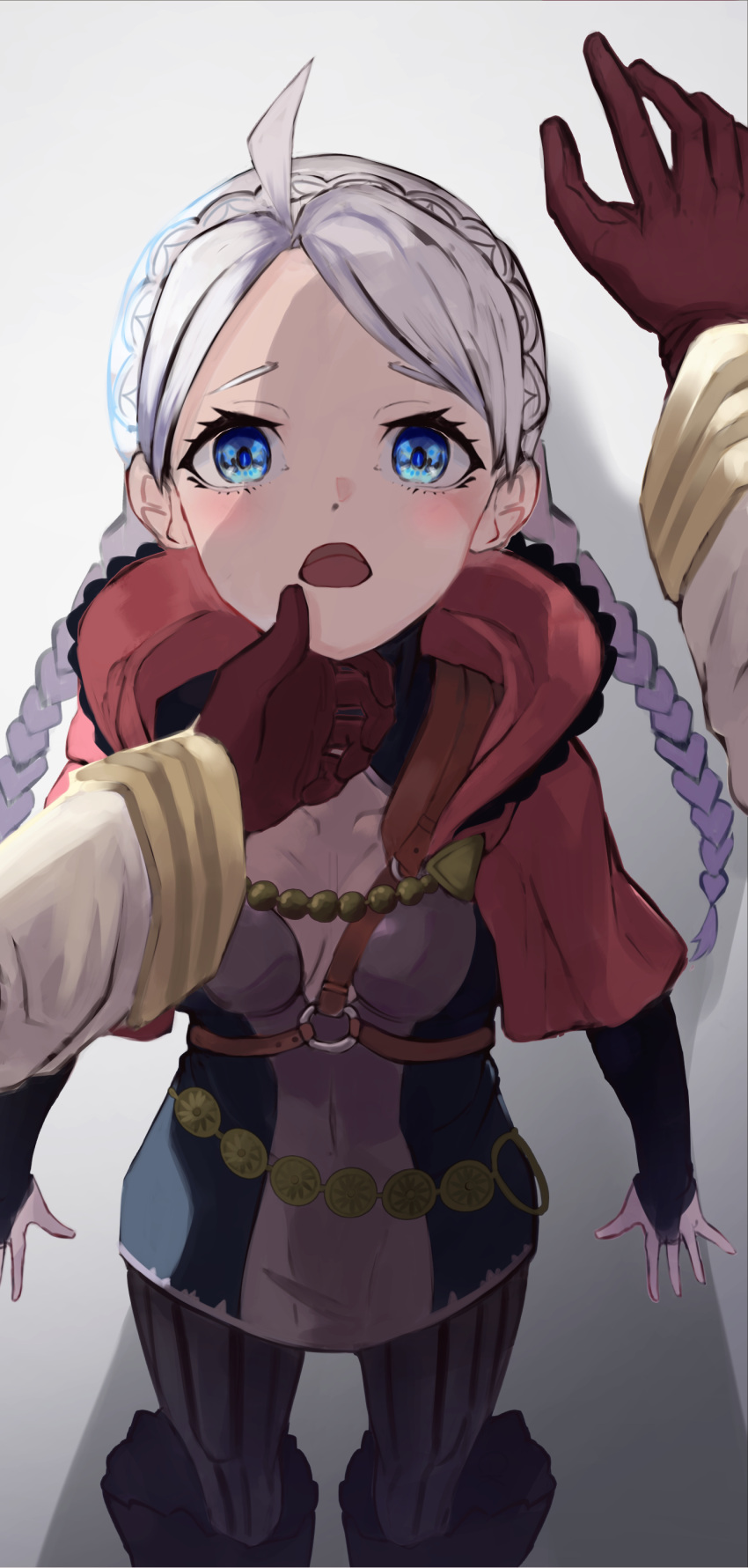 1girl absurdres ahoge bangs belt braid breasts bridal_gauntlets casek chest_harness cleavage fire_emblem fire_emblem_fates fire_emblem_heroes gloves hand_on_another's_face harness highres kabedon kiran_(fire_emblem) leather leather_gloves leather_strap looking_at_viewer medium_breasts nina_(fire_emblem) open_mouth twin_braids white_hair