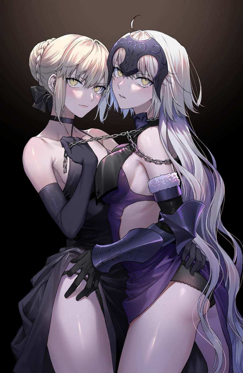 2girls absurdres ahoge artoria_pendragon_(fate) ass bangs black_dress black_panties black_ribbon blonde_hair braid breasts chain cleavage clothes_lift dress dress_lift elbow_pads fate/grand_order fate_(series) grey_hair hair_between_eyes hair_ribbon headpiece highres jeanne_d'arc_alter_(avenger)_(fate) jeanne_d'arc_alter_(avenger)_(third_ascension)_(fate) jeanne_d'arc_alter_(fate) lifted_by_another long_hair looking_at_viewer multiple_girls nipi27 panties ribbon saber_alter underwear yellow_eyes yuri