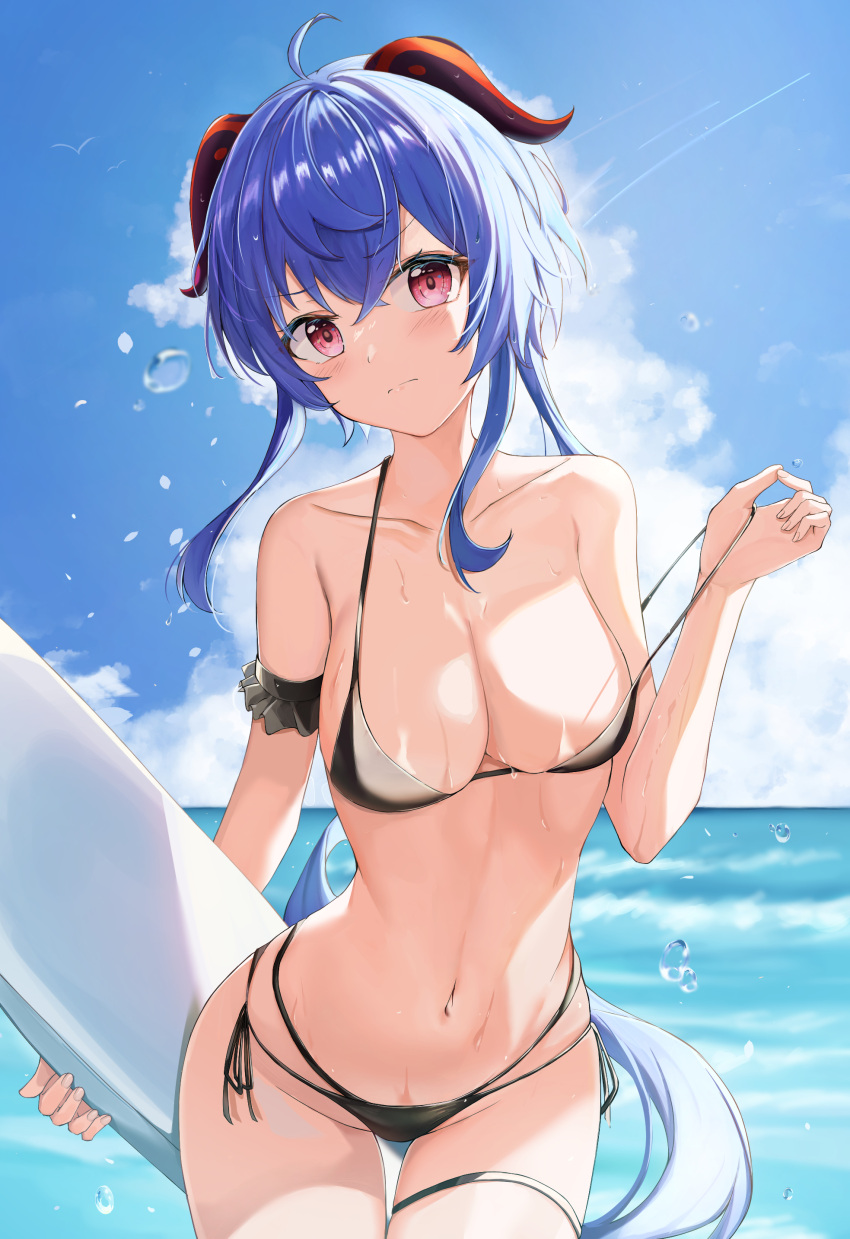 1girl absurdres adjusting_clothes adjusting_swimsuit ahoge arm_strap bangs bikini bikini_pull black_bikini blue_hair blue_sky blush breasts cleavage closed_mouth clothes_pull cloud collarbone crossed_bangs curled_horns ganyu_(genshin_impact) genshin_impact goat_horns highres holding holding_surfboard horns large_breasts leaning_forward long_hair multi-strapped_bikini navel red_eyes side-tie_bikini sidelocks skindentation sky solo stomach strap_pull surfboard swimsuit thigh_strap v-shaped_eyebrows very_long_hair water wet wet_hair zeroillya