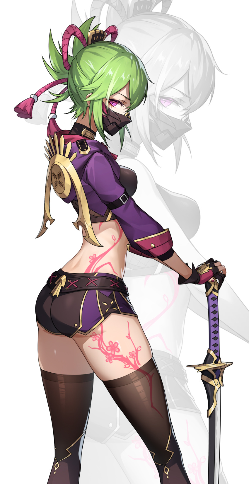 1girl absurdres ass body_markings breasts cropped_hoodie cropped_jacket from_side genshin_impact gloves green_hair hair_ornament hands_on_hilt highres hood hoodie jacket katana kuki_shinobu looking_at_viewer looking_to_the_side mask midriff mouth_mask ninja_mask partially_fingerless_gloves planted planted_sword purple_eyes purple_jacket redi_77 rope shimenawa short_ponytail short_shorts shorts sidelocks sleeves_rolled_up solo sword thighhighs thighs weapon zoom_layer