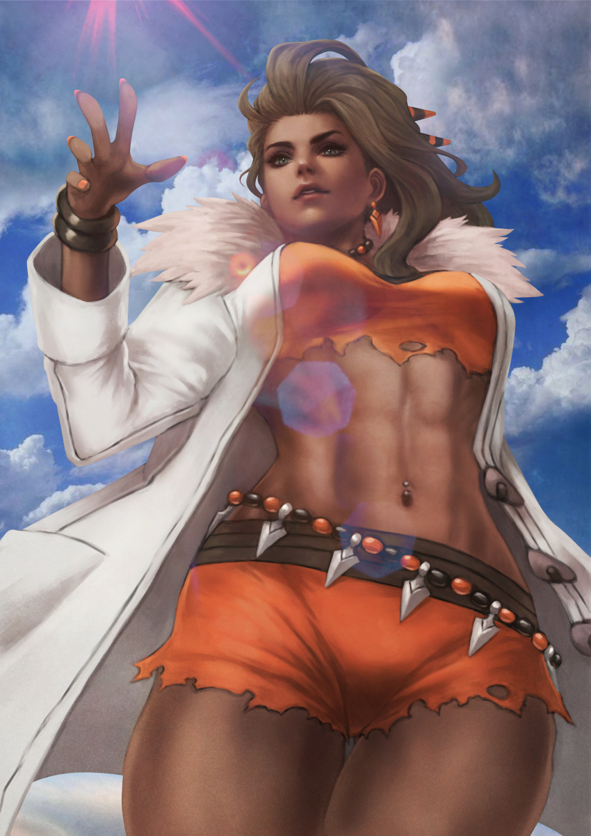 1girl abs absurdres belt bracelet breasts brown_hair cloud cloudy_sky coat crop_top cutoffs day earrings english_commentary fingernails from_below fur-trimmed_coat fur_trim grey_eyes hair_slicked_back highres jewelry labcoat large_breasts lens_flare lips long_hair makeup mascara midriff monori_rogue muscular muscular_female nail_polish navel navel_piercing necklace nose open_labcoat orange_nails orange_shirt orange_shorts pearl_necklace piercing pokemon pokemon_(game) pokemon_sv sada_(pokemon) shirt shorts sky solo thick_eyebrows thick_thighs thigh_gap thighs white_coat