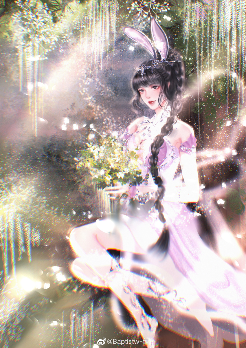 1girl absurdres animal_ears baptistw_bao barefoot black_hair blurry braid braided_ponytail closed_mouth douluo_dalu dress flower full_body hair_ornament highres light pink_dress rabbit_ears sitting solo vegetation xiao_wu_(douluo_dalu)