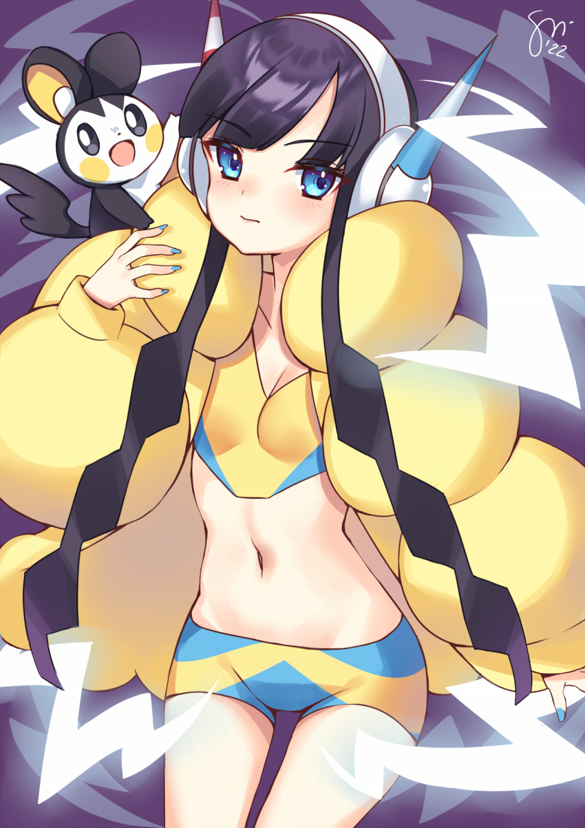 1girl bangs bike_shorts blue_eyes blue_nails blunt_bangs blush breasts cleavage closed_mouth commentary_request crop_top elesa_(pokemon) emolga fur_jacket headphones highres jacket long_sleeves nail_polish navel pokemon pokemon_(creature) pokemon_(game) pokemon_bw2 short_hair_with_long_locks signature watashishi yellow_jacket