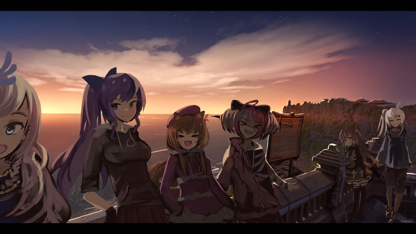 &gt;_&lt; 6+girls :d ^_^ absurdres airani_iofifteen alternate_costume animal_ears anonamos anya_melfissa ayunda_risu backlighting black_gloves blonde_hair blue_eyes blue_sky brown_hair cliff closed_eyes cloud colored_skin commentary drawstring english_commentary fence gloves grey_hair grey_skin hair_bun highres hololive hololive_indonesia hood hood_down hoodie horizon kureiji_ollie location_request long_hair moona_hoshinova multicolored_hair multicolored_skin multiple_girls ocean outdoors patchwork_skin pavolia_reine pink_hair purple_eyes purple_hair red_hair shorts side_ponytail sky smile squirrel_ears squirrel_girl stitched_face stitches sunset two-tone_skin two_side_up virtual_youtuber white_hair white_skin zombie