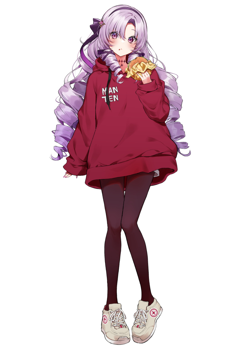 1girl :t absurdres bangs blush brown_legwear burger drill_hair eating food food_on_face full_body hair_between_eyes hair_ribbon hairband hand_up highres holding holding_food hood hoodie hyakumantenbara_salome long_hair long_sleeves mia_(fai1510) nijisanji pantyhose purple_eyes purple_hair purple_hairband purple_ribbon red_hoodie ribbon shoes simple_background solo very_long_hair virtual_youtuber white_background