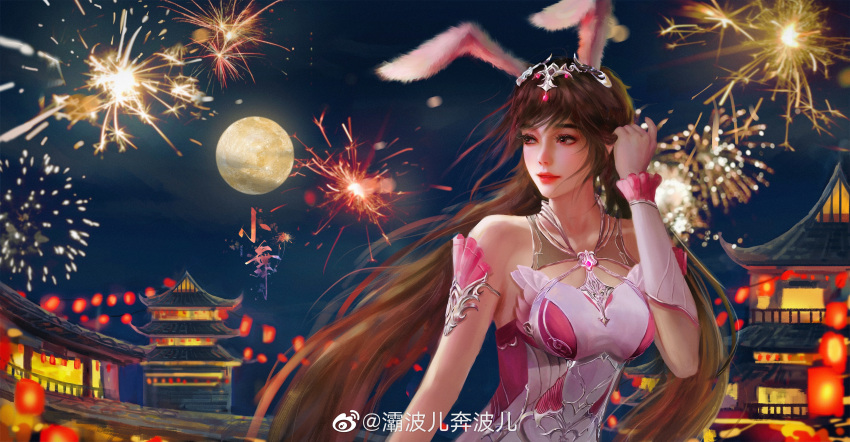 1girl absurdres animal_ears ba_bo_er_benbo_er brown_hair building clothing_cutout collar douluo_dalu dress fireworks hair_ornament highres lantern long_hair looking_to_the_side metal_collar night pink_dress rabbit_ears solo upper_body xiao_wu_(douluo_dalu)