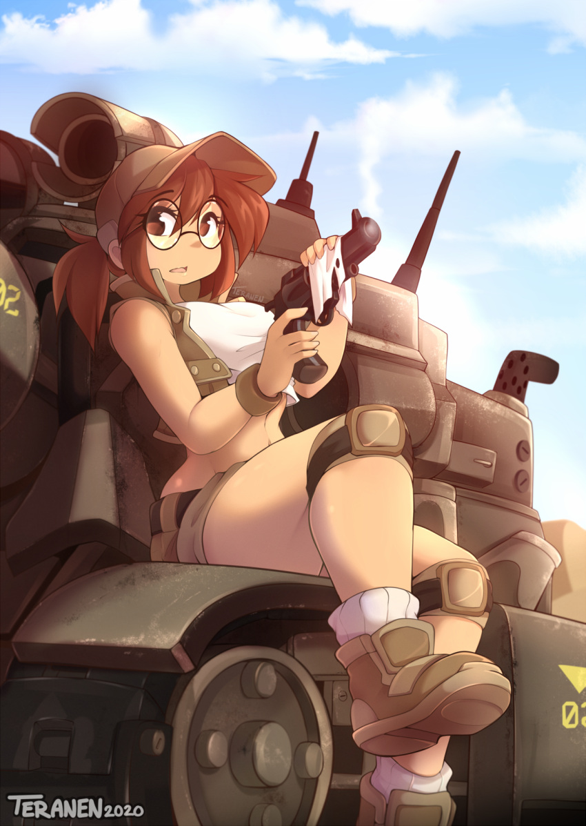 1girl artist_name bangs bare_shoulders baseball_cap belt black-framed_eyewear blue_sky breasts brown_eyes brown_footwear brown_hair brown_headwear brown_shorts brown_vest cleaning_gun cloud commentary crop_top dated day english_commentary fio_germi glasses ground_vehicle gun hair_between_eyes handgun hat highres holding holding_gun holding_weapon knee_pads leg_up legs looking_at_viewer medium_breasts metal_slug midriff military military_vehicle motor_vehicle open_clothes open_mouth open_vest outdoors ponytail revolver round_eyewear shirt shoes short_shorts shorts sidelocks sideways_mouth signature sky sleeveless sleeveless_shirt smoke smoking_gun socks solo tank teranen vest watermark weapon white_legwear white_shirt wristband