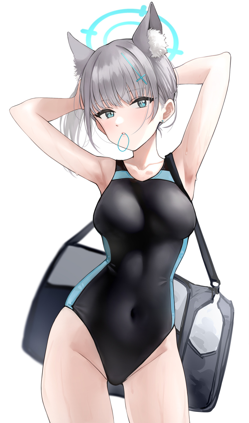 1girl absurdres animal_ear_fluff animal_ears arms_behind_head arms_up bag bare_arms blue_archive blue_eyes breasts cl_(summer_sama) competition_swimsuit covered_navel cowboy_shot cross_hair_ornament duffel_bag grey_hair hair_ornament hair_tie_in_mouth halo highleg highleg_swimsuit highres large_breasts light_blush mismatched_pupils mouth_hold one-piece_swimsuit parted_lips ponytail shiroko_(blue_archive) shiroko_(swimsuit)_(blue_archive) shoulder_bag simple_background solo standing swimsuit thighs two-tone_swimsuit tying_hair wet white_background
