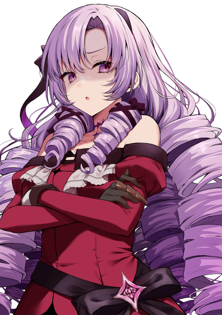 1girl absurdres bangs black_gloves blush claw_ring crossed_arms dress drill_hair gloves hair_ribbon highres hyakumantenbara_salome juliet_sleeves long_hair long_sleeves mia_(fai1510) nijisanji off_shoulder parted_lips puffy_sleeves purple_eyes purple_hair red_dress ribbon sideways_glance simple_background solo upper_body virtual_youtuber white_background