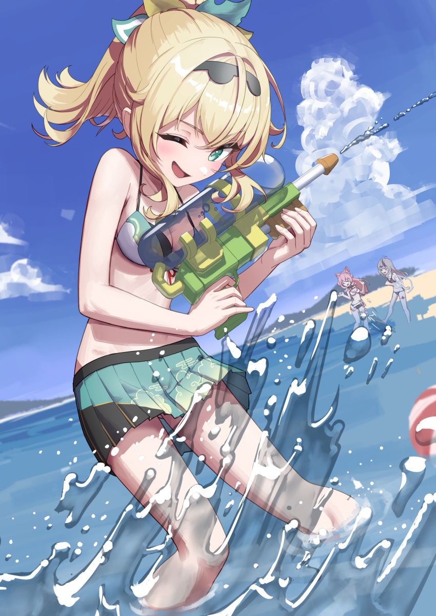 3girls ;d absurdres arimoto_wataru bangs beach bikini blonde_hair blue_bikini blue_skirt blue_sky blush breasts cleavage cloud day hair_ribbon hakui_koyori halterneck highres holding holding_water_gun hololive kazama_iroha medium_breasts miniskirt multiple_girls one_eye_closed outdoors pleated_skirt ponytail ribbon sakamata_chloe sidelocks skirt sky smile solo_focus swimsuit virtual_youtuber wading water_gun