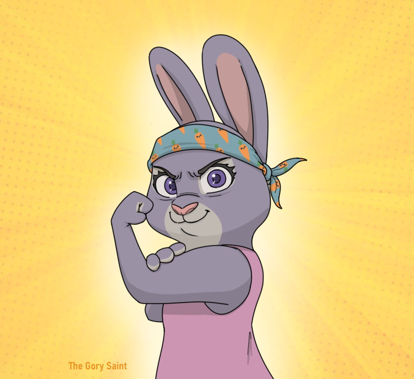 2022 anthro bandanna bonnie_hopps clothed clothing disney female fur grey_body grey_fur kerchief lagomorph leporid looking_at_viewer mammal pink_nose purple_eyes rabbit solo the_gory_saint we_can_do_it! zootopia