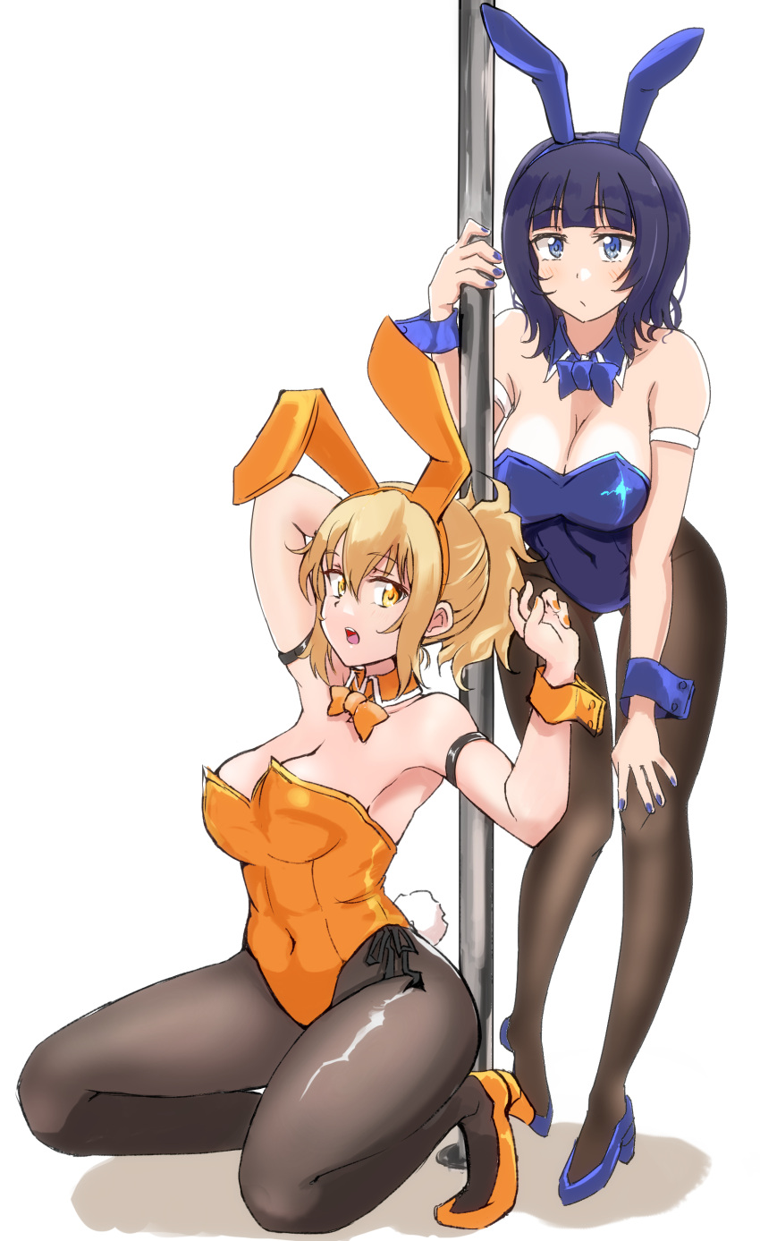 2girls absurdres arm_strap asaka_karin bangs blue_footwear blue_leotard breasts cleavage diverdiva ereka hair_behind_ear high_heels highres large_breasts leotard looking_at_viewer looking_to_the_side love_live! love_live!_nijigasaki_high_school_idol_club medium_breasts miyashita_ai multiple_girls orange_footwear orange_leotard playboy_bunny ponytail squatting stripper_pole wrist_cuffs