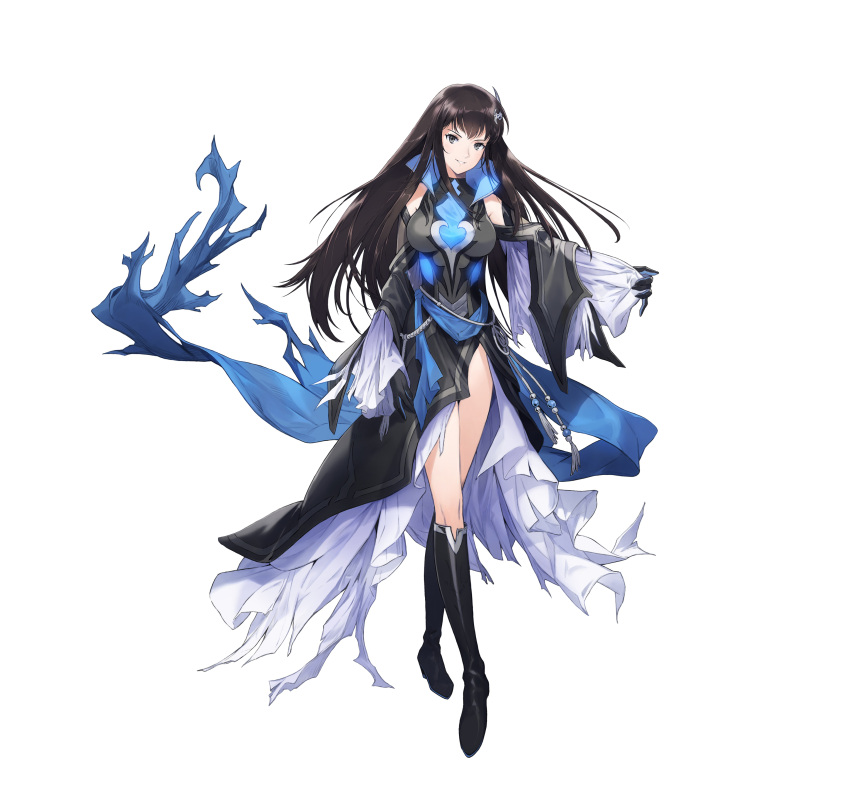 1girl absurdres alternate_costume bangs black_dress boots breasts commentary_request dress fire_emblem fire_emblem:_the_blazing_blade fire_emblem_heroes full_body gloves gradient gradient_clothes grey_eyes hair_ornament highres hirooka_masaki karla_(fire_emblem) knee_boots long_hair long_sleeves looking_at_viewer medium_breasts neon_trim official_art parted_lips shiny shiny_hair side_slit simple_background smile solo standing thighs turtleneck white_background wide_sleeves
