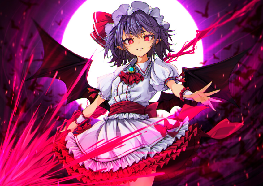 .sin 1girl ascot bat_wings collared_shirt frilled_shirt_collar frilled_skirt frilled_sleeves frills hat highres mob_cap puffy_short_sleeves puffy_sleeves purple_hair red_ascot red_eyes remilia_scarlet shirt short_hair short_sleeves skirt skirt_set solo spear_the_gungnir touhou white_headwear white_shirt white_skirt wings wrist_cuffs