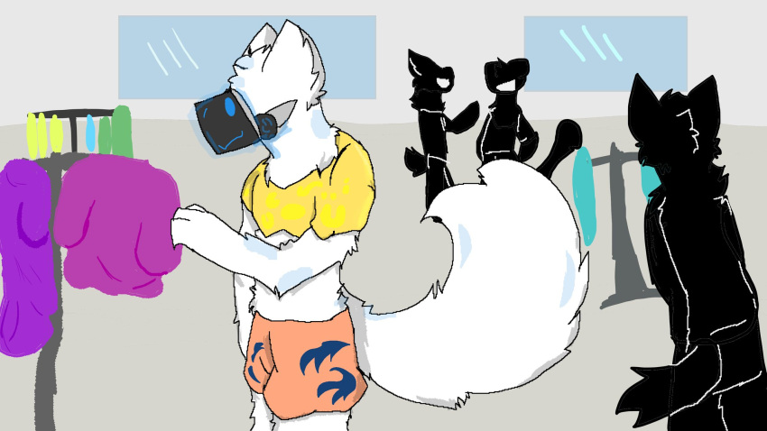 anthro big_ears big_tail canid clothed clothing conversation_without_dialog fluffy fluffy_tail fur girly group happy hi_res inside kayasho looking_at_clothing looking_at_object machine male mammal protogen public shopping silhouette store unknown_artist white_body white_fur