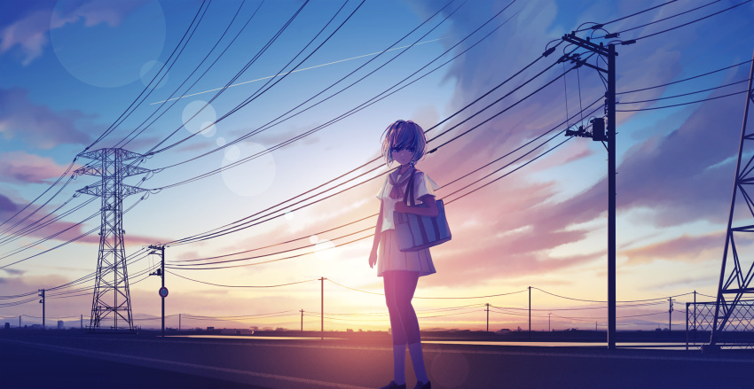 1girl bag black_legwear blurry cloud commentary_request fence grey_sailor_collar grey_skirt highres holding holding_bag kneehighs lake looking_at_viewer original outdoors power_lines revision ribbon road road_sign sailor_collar scenery school_uniform serafuku short_hair sign skirt sky solo standing street sun_glare sunrise transmission_tower utility_pole white_legwear yuhack