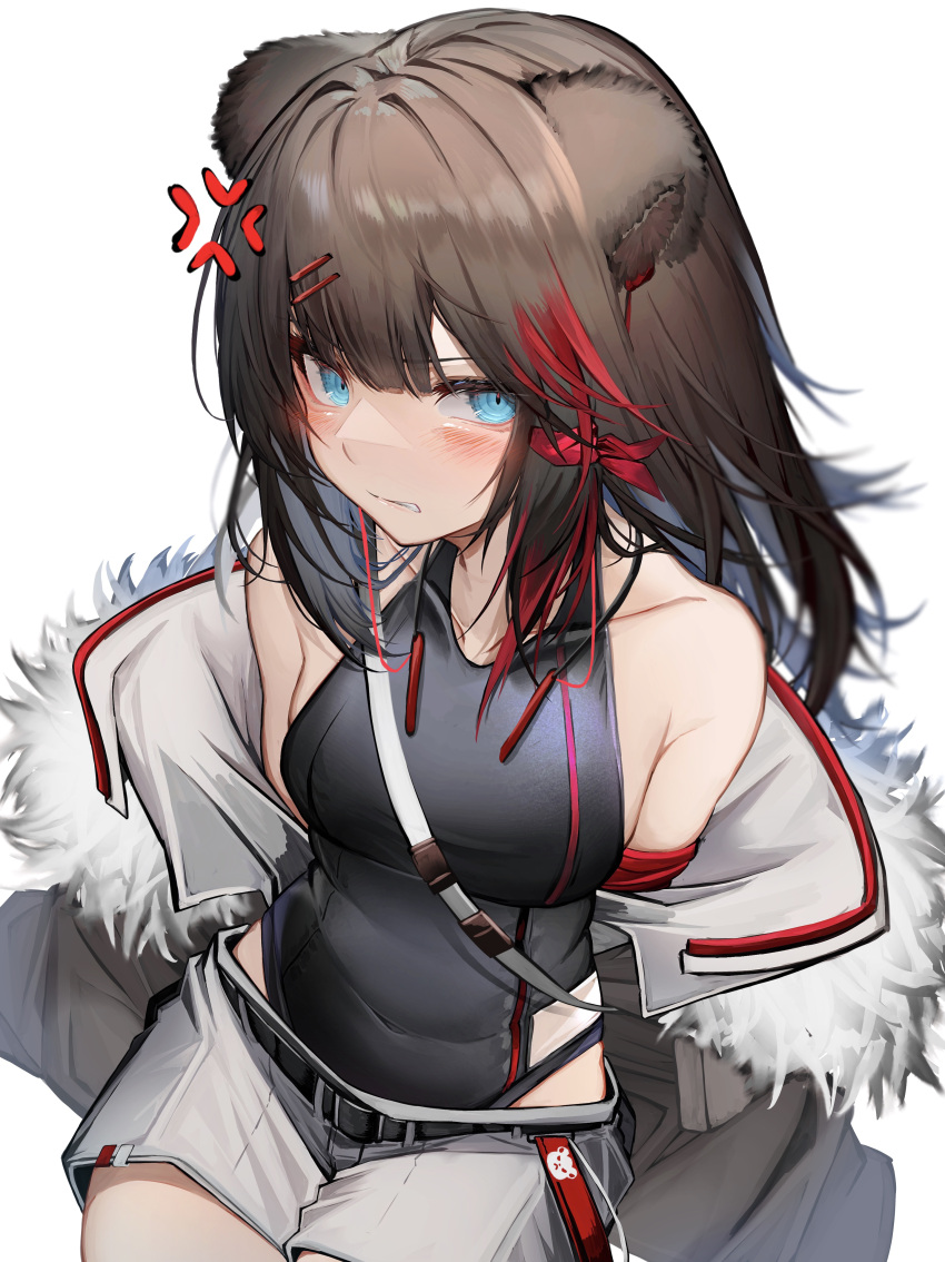 1girl absurdres anger_vein angry animal_ears arknights bare_shoulders bear_ears bear_girl belt black_belt black_jacket black_shirt blue_eyes breasts brown_hair clenched_teeth collarbone commentary covered_navel cowboy_shot earbuds earphones fur-trimmed_jacket fur_trim hair_ornament hair_ribbon hairclip highres invisible_chair jacket looking_at_viewer multicolored_hair off_shoulder open_clothes open_jacket red_hair red_ribbon ribbon shirt shorts simple_background sitting sleeveless sleeveless_shirt small_breasts solo streaked_hair tab_head teeth v-shaped_eyebrows white_background white_shorts zima_(arknights)