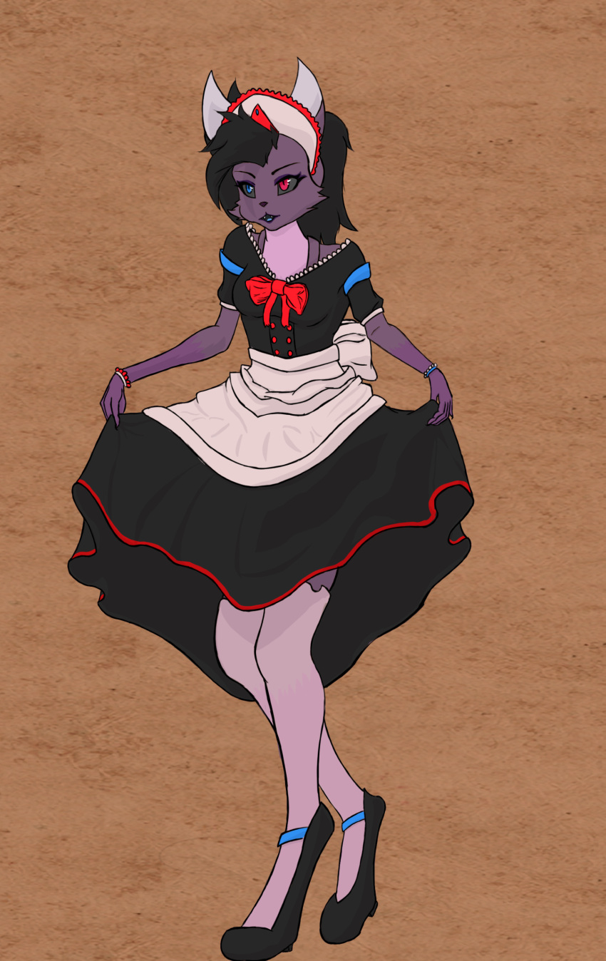 absurd_res anthro black_hair blue_eyes chiropteran clothed clothing eyebrows fangs female fur hair heterochromia hi_res legwear maid_uniform mammal midnighthowlart purple_body purple_fur purple_skin red_eyes solo stockings uniform upset