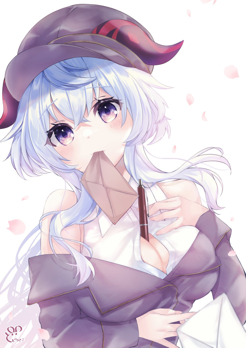 1girl bangs between_breasts blue_hair blush breasts cleavage dodosako ganyu_(genshin_impact) genshin_impact hat highres horns letter long_hair looking_at_viewer medium_breasts mouth_hold off_shoulder partially_unbuttoned pen petals purple_eyes school_uniform sidelocks signature solo upper_body