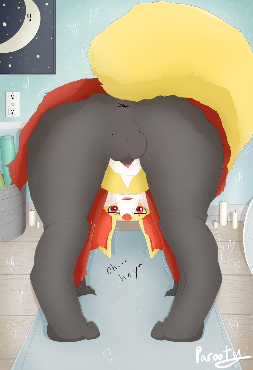 &lt;3 absurd_res animal_humanoid anthro anus balls blush blush_lines butt candle canid canid_humanoid canine canine_humanoid delphox dialogue exercise_ball fluffy fluffy_ears fluffy_tail fox fox_humanoid genitals hi_res humanoid looking_at_viewer looking_back looking_through looking_through_legs male mammal mammal_humanoid nintendo outlet painting parooty penis penis_tip pok&eacute;mon pok&eacute;mon_(species) presenting presenting_anus presenting_balls presenting_hindquarters red_eyes shaking smile solo solo_focus video_games wood_floor yoga yoga_mat