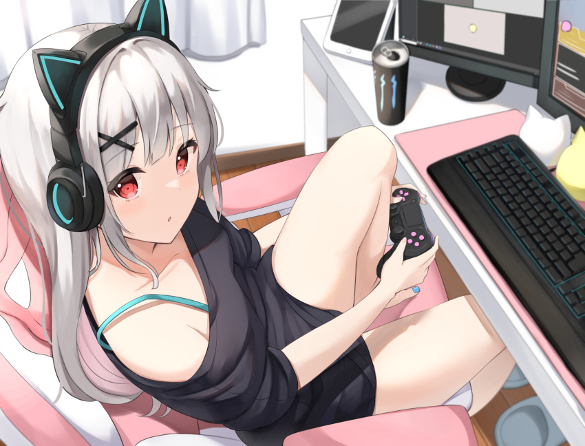 1girl animal_ears bangs bare_legs bare_shoulders barefoot black_shirt blue_nails can cat_ear_headphones cat_ears chair commentary_request controller curtains energy_drink fake_animal_ears from_side game_controller grey_hair hair_ornament hairclip headphones highres holding indoors keiran_(ryo170) keyboard_(computer) long_hair looking_at_viewer looking_to_the_side monitor monster_energy multicolored_hair off-shoulder_shirt off_shoulder office_chair on_chair original parted_lips pink_hair red_eyes shirt short_sleeves slippers slippers_removed solo table toenails two-tone_hair very_long_hair white_footwear wooden_floor x_hair_ornament